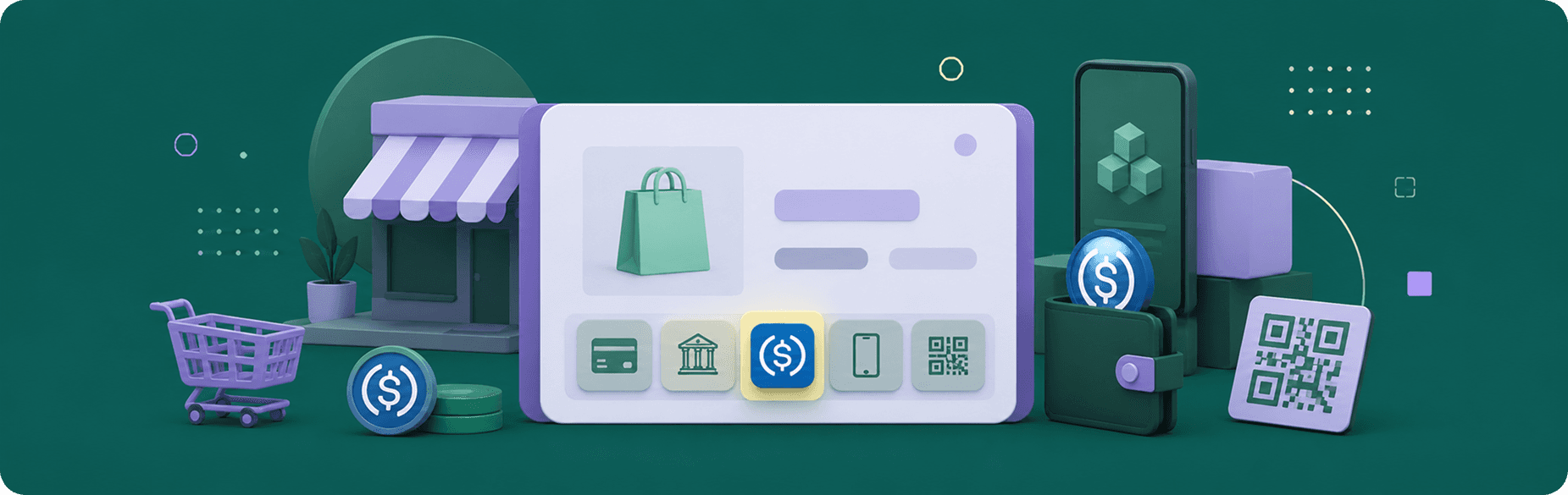 Empresa aceptando pagos con cripto: checkout digital con múltiples métodos de pago, billetera digital y código QR