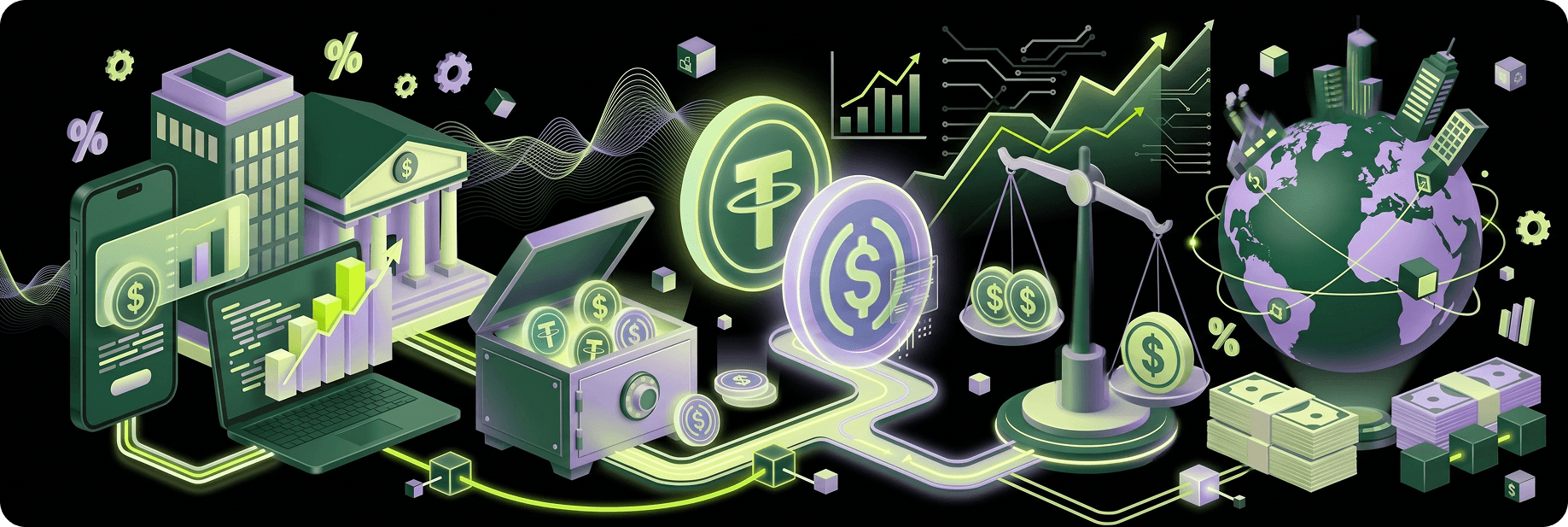 Comparativa de opciones para mantener la caja empresarial en dólares: banco tradicional, fintech digital y dólares digitales (USDT, USDC) con balanza, indicadores financieros y conectividad global