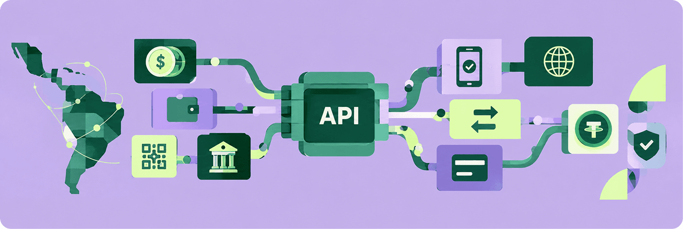 API de pagos cripto conectando métodos de pago locales, wallets y stablecoins en Latinoamérica: mapa de la región con flujos de pago integrados vía API