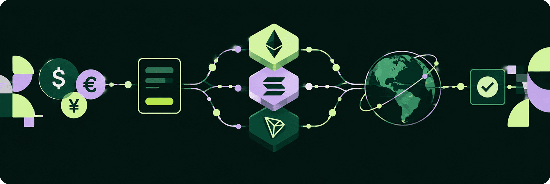 Ilustración de redes blockchain para pagos con Ethereum, Solana y Tron, conectadas a un sistema de pagos global.