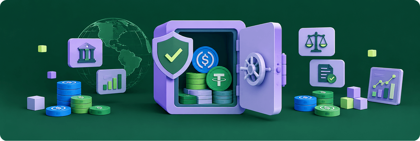 Caja fuerte con stablecoins USDC y USDT respaldada por regulación, indicadores financieros y marco legal, representando seguridad en tesorería empresarial