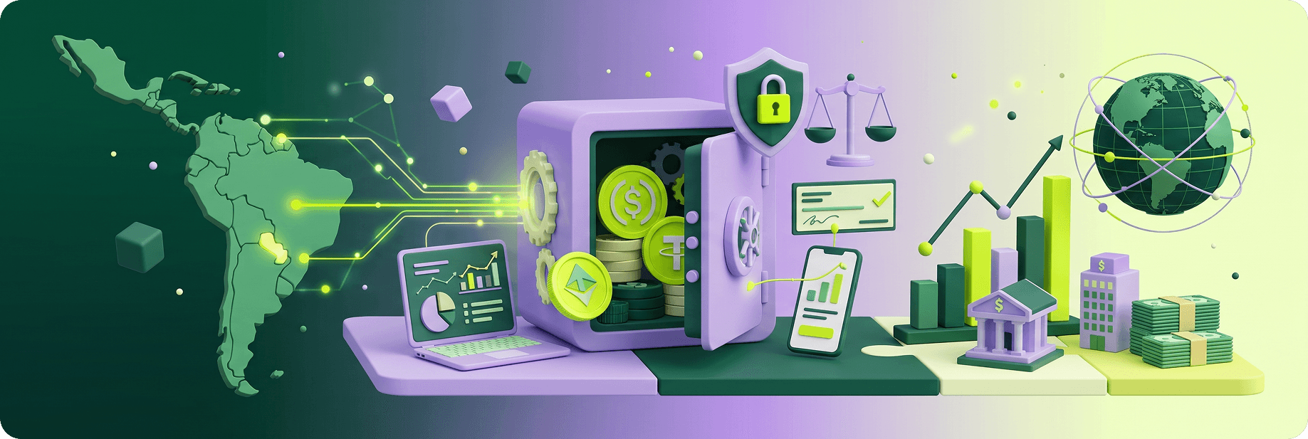esorería internacional en dólares digitales: mapa de Latinoamérica, caja fuerte con stablecoins, indicadores financieros, regulación y conectividad global para empresas en LATAM