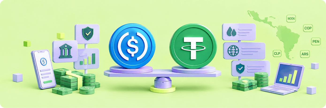 Comparativa entre USDC y USDT en una balanza: análisis de reservas, regulación y adopción en mercados de Latinoamérica (MXN, COP, PEN, CLP, ARS)